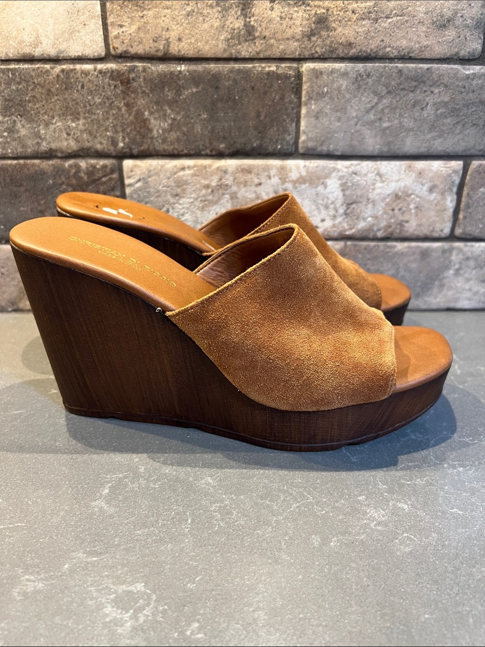 Riccio Suede Wedge Slide Sandals in Brown